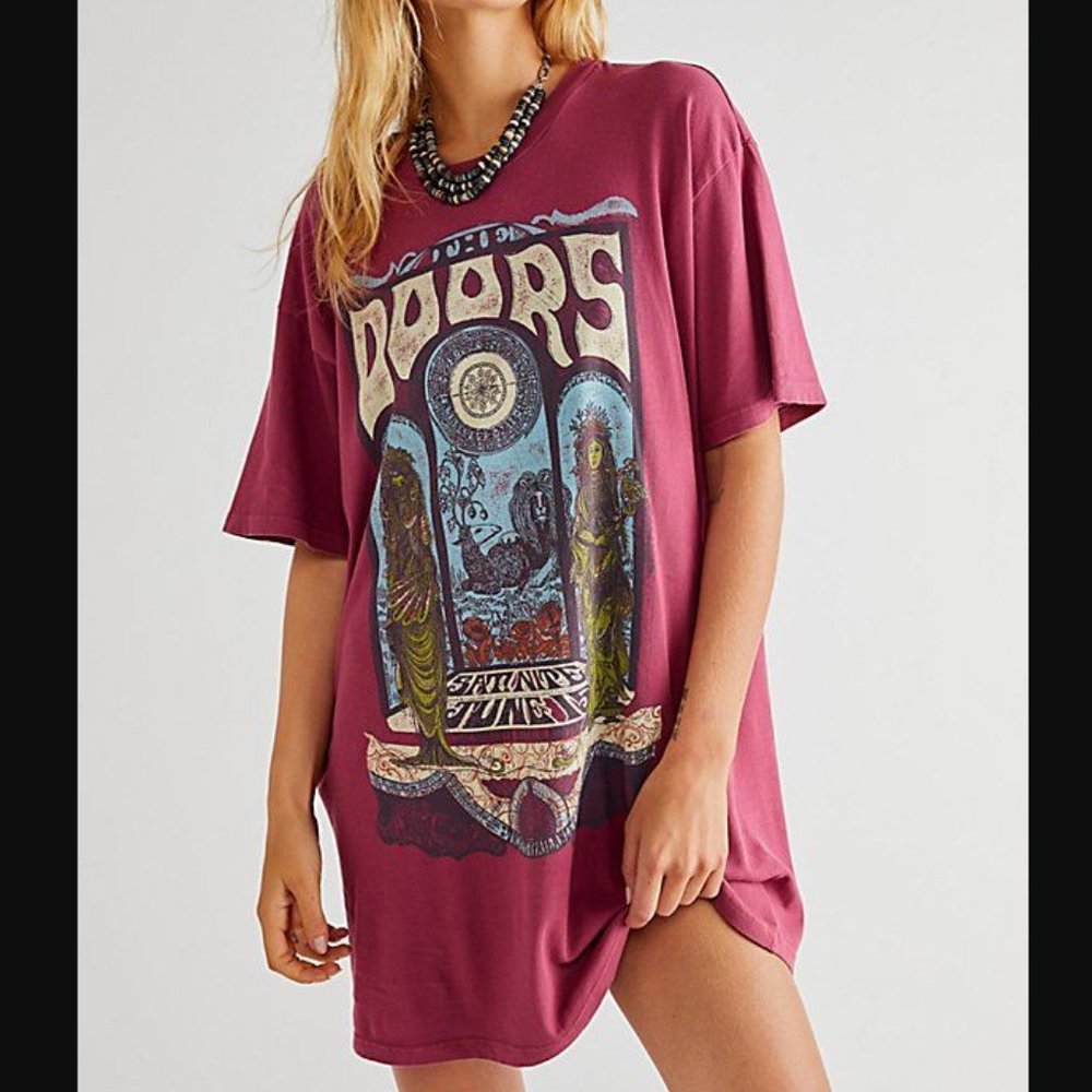 Daydreamer xFree People The Doors SOLD OUT Poster Tee Dress in Wine/Jam NWT Sz M